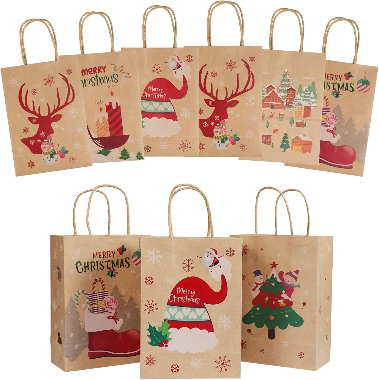 24 Pack Christmas Gift Bags, 6 Designs Christmas Kraft Paper Bags, 8.26x5.90x3.14 Inches with Handles Xmas Gift Bags, Suitable for Holiday Kraft Paper Gift Bags, Reusable Christmas Gift Bags